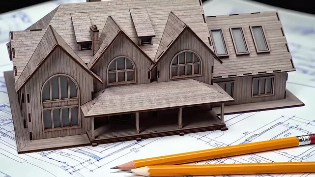 A detailed wooden architectural model of a multi-gabled house resting on blueprints. with tiny pencil