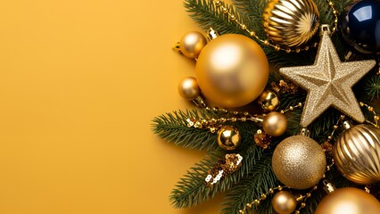 鮮やかな黄色の背景と金の星やオーナメントのクリスマス素材