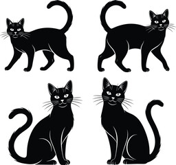 Black cat silhouettes in walking and sitting poses, stylish feline illustration with expressive whiskers and curled tail, isolated vector artwork collection