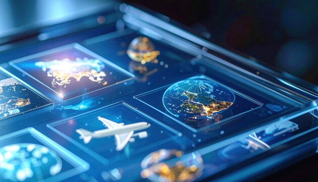 Digital Travel Interface with World Maps and Airplane - Powered by Adobe