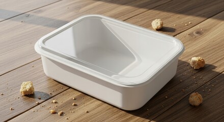 A white plastic container sits on a wooden table surrounded by scattered sugar cubes.
