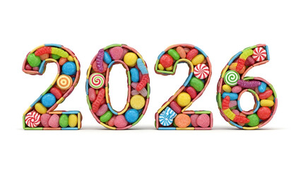 Bright multicolored candy sweets pattern numbers forming year 2026 holiday design element