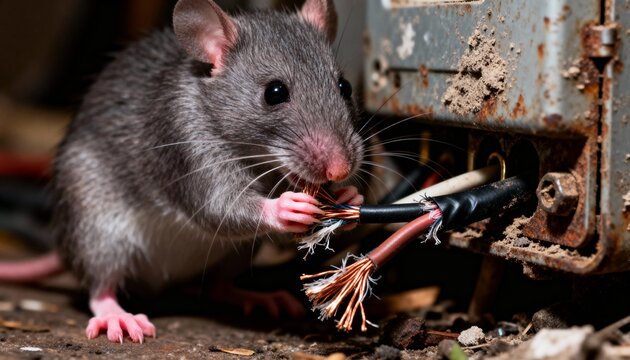 Close-up of a rat chewing through insulation, damaging exposed electrical wires near rusted industrial equipment.