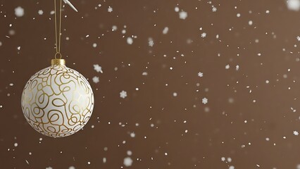 Elegant Christmas ornament with falling snow on brown background