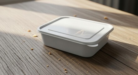 A white takeout container sits on a wooden table with scattered grains.