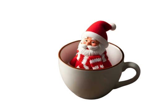 Santa claus toy in a white cup isolated on transparent background for christmas