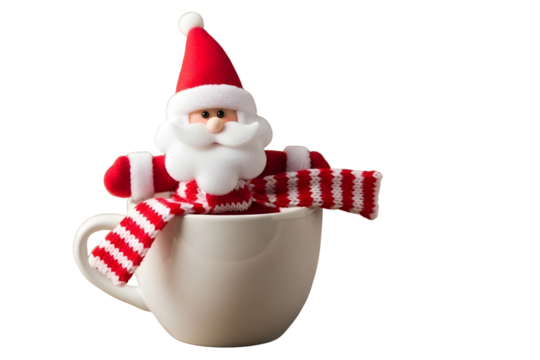 Santa claus toy in a white cup isolated on transparent background for christmas