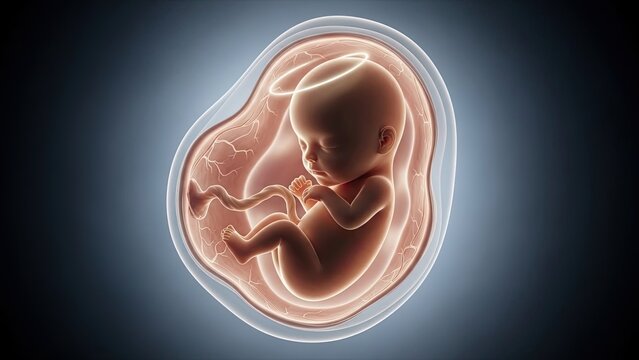 Detailed medical illustration of a fetus in utero showcasing healthy prenatal development