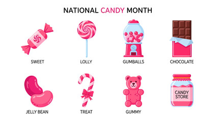 Obraz premium Eight illustrations of pink and red candies lolly chocolate and a candy store jar