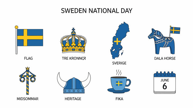 Eight Swedish national symbols illustrated for National Day including flag crown map horse maypole helmet coffee and calendar