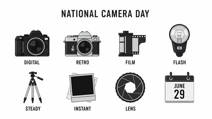 Graphic illustration for National Camera Day on June 29th featuring photography elements
