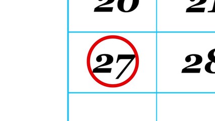 Calendar of september month 27th day is red circled,looped animation.A very important date in the calendar.Signing a day on a calendar.