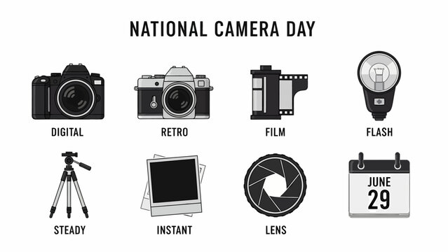 Graphic illustration for National Camera Day on June 29th featuring photography elements