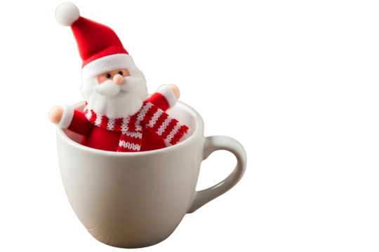 Santa claus toy in a white cup isolated on transparent background for christmas - Powered by Adobe