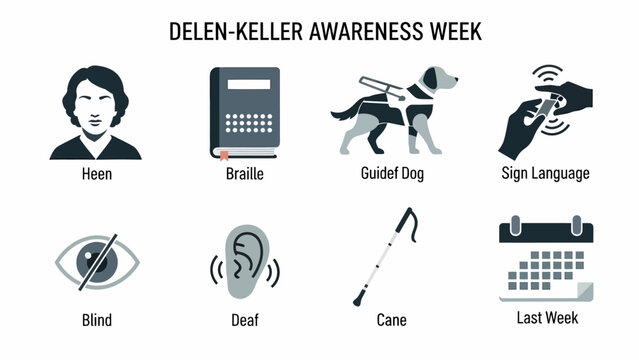 Graphic showing icons for Helen Keller Awareness Week Heen Braille Guide Dog Sign Language Blind Deaf Cane Calendar