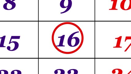 Calendar of october month 16th day is red circled,looped animation.A very important date in the calendar.Signing a day on a calendar.
