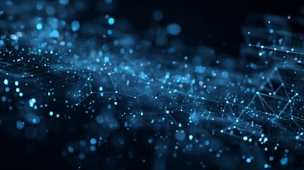 an abstract design with a dark background, where small blue particles resembling stars are interspersed among white lines that form a grid like pattern