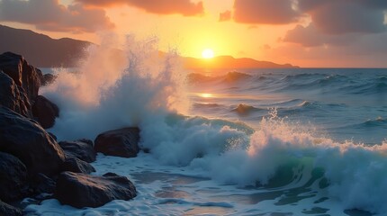 Ocean waves splashing on rocks under sunset glow, purpose for background