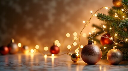 Fototapeta premium Theme Christmas, Luxury Christmas setup with golden lights and marble background, selective focus