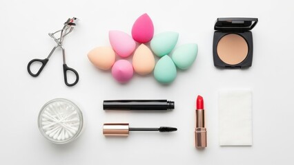 Overhead shot of essential makeup tools and beauty products on a clean white surface
