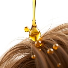 Obraz premium Close up view of golden oil dripping onto brown hair strands with droplets suspended in the air