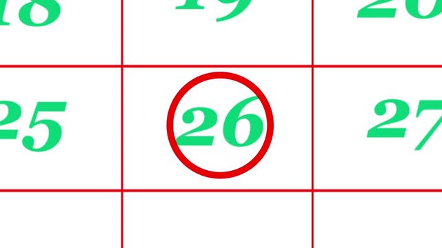 Calendar of november month 26th day is red circled,looped animation.A very important date in the calendar.Signing a day on a calendar.