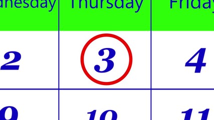 Calendar of december month 3rd day is red circled,looped animation.A very important date in the calendar.Signing a day on a calendar.