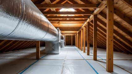 Insulated Attic Space with Exposed Wooden Beams and HVAC Ductwork.