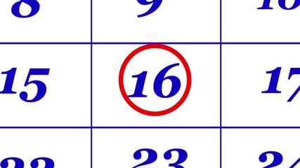 Calendar of december month 16th day is red circled,looped animation.A very important date in the calendar.Signing a day on a calendar.