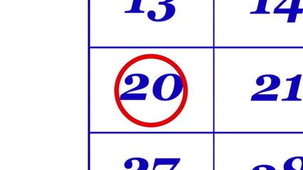 Calendar of december month 20th day is red circled,looped animation.A very important date in the calendar.Signing a day on a calendar.