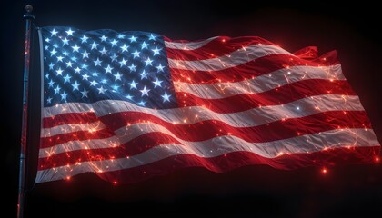 “American flag made of glowing light trails waving in the dark, ultra-detailed, patriotic theme, modern digital art style”
