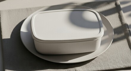 A white lunch box sits on a round plate atop a tablecloth in a serene indoor setting with natural light.
