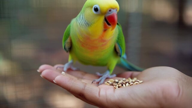 A vibrant green and yellow parrot with a red beak stands on a person's hand, eating seeds from the palm.