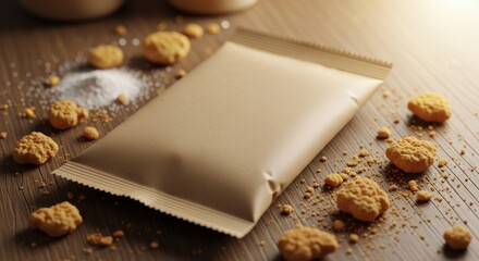 A crumpled brown snack package lies on a wooden table with scattered crumbs and powder around it.