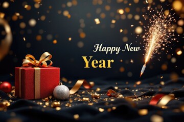 New year celebration with gifts and fireworks