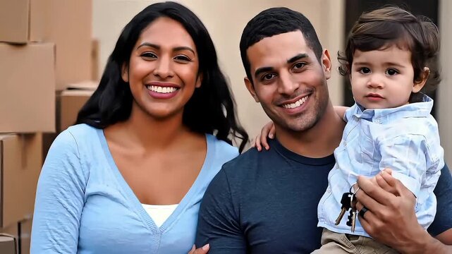 A smiling couple holds toddler outdoors with boxes behind them,  sharing a warm family moment today