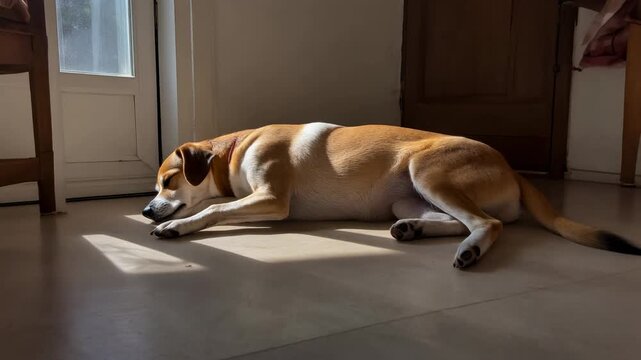 A brown and white dog resting peacefully on a sunlit floor inside a home, enjoying a warm patch of light.