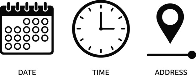 Obraz premium Black and white vector icon set showing date calendar time clock and address location pin isolated on white background