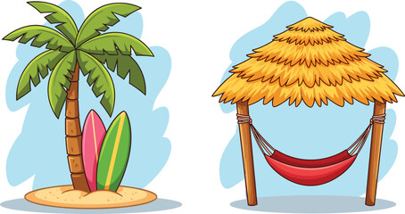 Tropical beach scene with palm tree, surfboards, hammock, and hut — relaxing vacation illustration for summer, travel, and leisure themes © MSTAYESHASIDDIKA