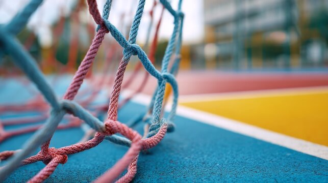 a close up view of a red and white rope tennis net against a blurred background that appears to be an indoor sports court. the net is in the foreground, occupying a central position in the frame