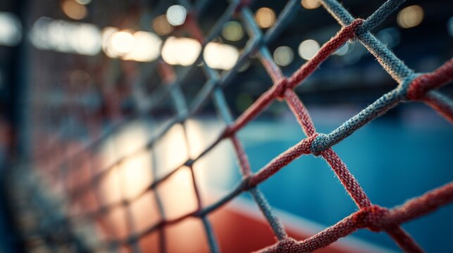 an intense sports environment, focusing on a volleyball net. the net is tightly strung and prominently displayed in the foreground, emphasizing its key role in the sport