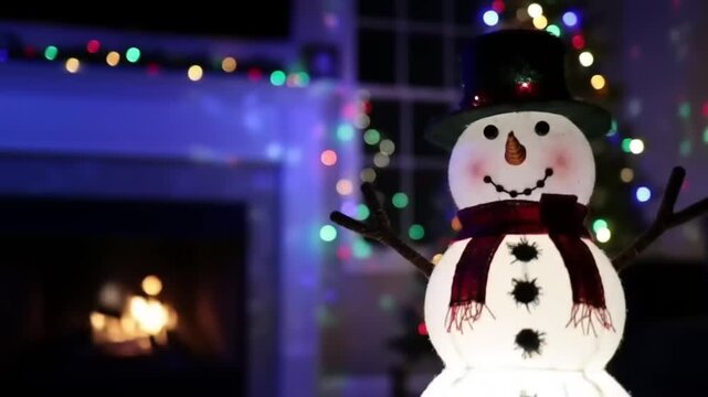 Festive snowman decoration with colorful lights and fireplace backdrop