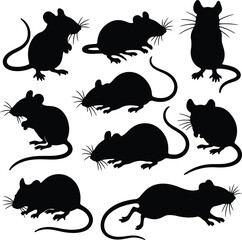Nine black mouse silhouettes in various poses on white background mice rodent vector illustration EPS file download.
