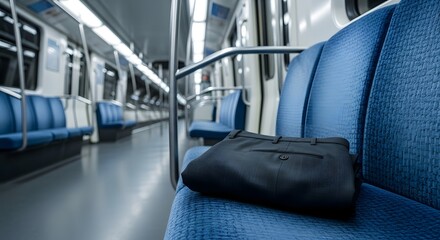 Folded dark formal trousers placed on a blue metro seat in an empty train for a "No Trousers Ride" social event concept and unique city commute