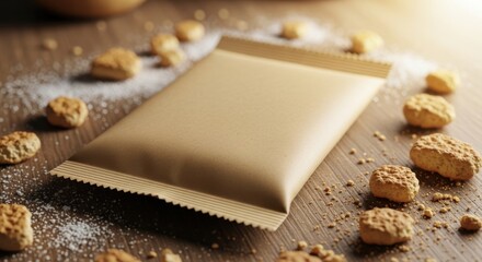 A brown snack package lies open on a wooden table surrounded by scattered energy bars and dust.