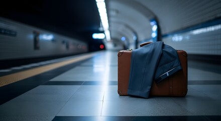 Blue suit pants resting on vintage luggage on a dark subway platform for the "No Trousers Ride" event concept and urban humor