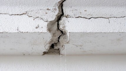 Close-up view of a severely cracked white ceiling with water actively dripping, showing significant structural damage and a serious water leak problem.