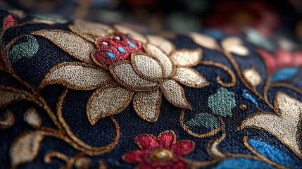 Intricate floral embroidery showcasing vintage craftsmanship on dark fabric
