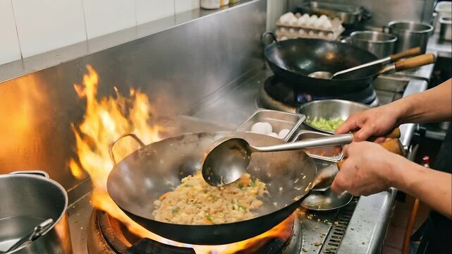 Chef cooks fried rice in a wok. Asian cuisine prepared with rice, vegetables, and eggs. professional cooking, restaurant food preparation, and wok master.