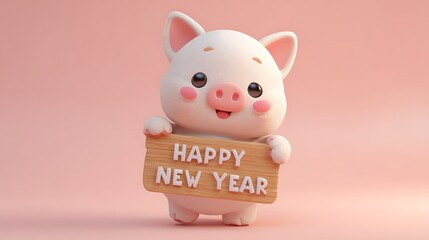 Adorable piglet holding a happy new year sign on a soft pink background perfect for holiday greetings